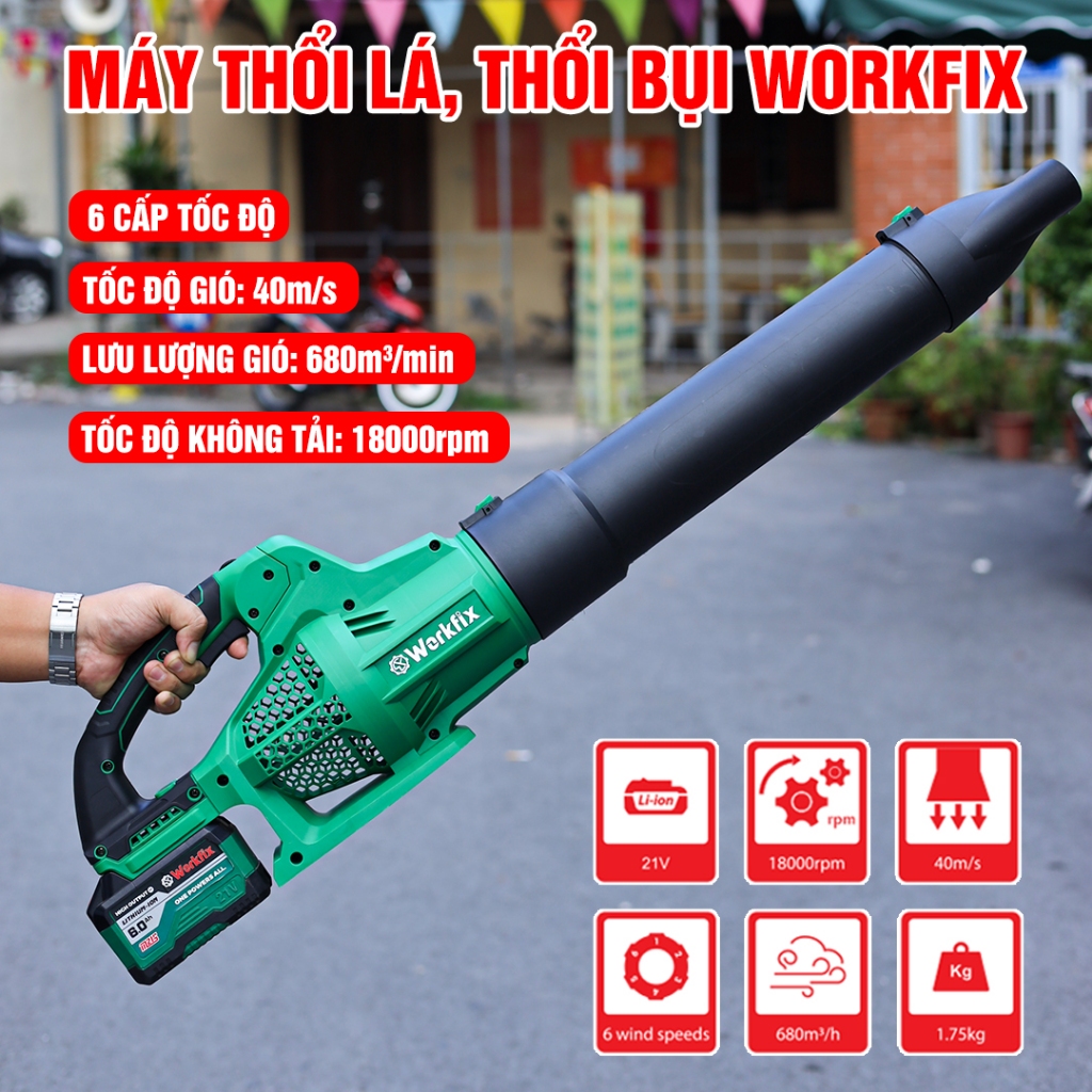 Máy thổi bụi, thổi rác, lá cây - WORKFIX WF-TL680M - Máy pin công suất lớn, 6 tốc độ