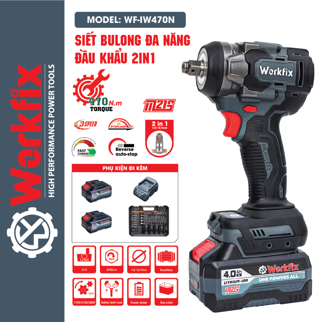 Máy Siết Bulong WF-IW470N Đầu 2 in 1 - Lực Siết 470N.m -  Lõi Đồng, Không Chổi Than
