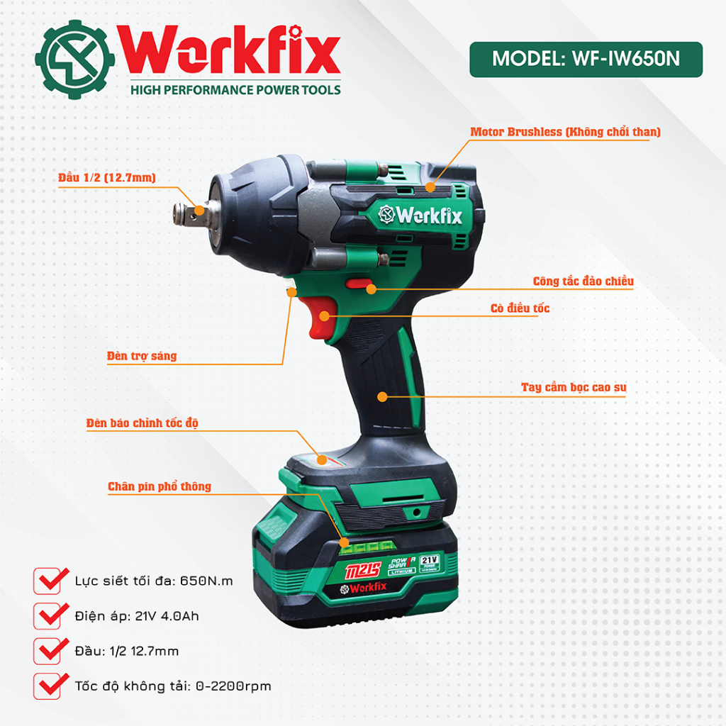 Máy siết bulong WORKFIX WF-IW650N - Không chổi than - Lực siết 650Nm, 4 tốc độ