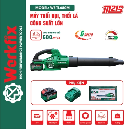Máy thổi bụi, thổi rác, lá cây - WORKFIX WF-TL680M - Máy pin công suất lớn, 6 tốc độ