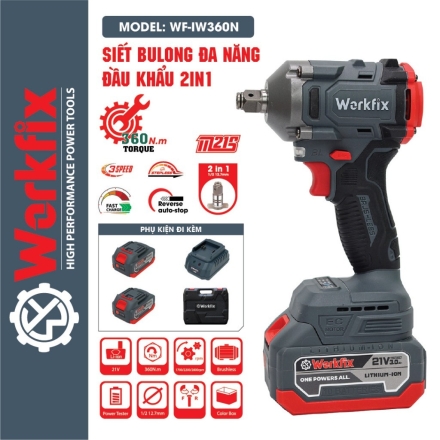 Máy siết bulong xài pin - WORKFIX WF-IW360N - Không chổi than - Lực siết 360Nm